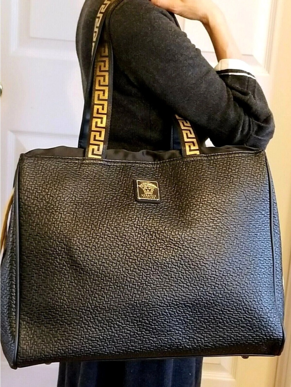 Black Versace Parfums Tote Bag with Gold Trim’s